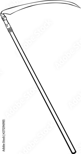 Scythe, farming tools. Monochrome vector, isolated, stylized image.