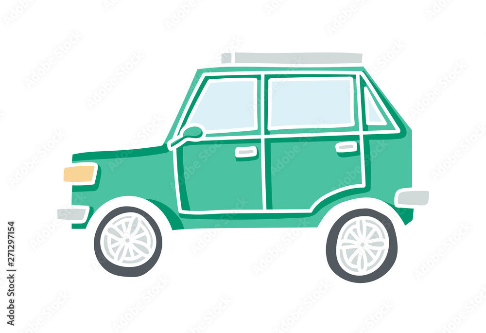 Cute illustration of a doodle car. Pastel colored vector auto with white outline.