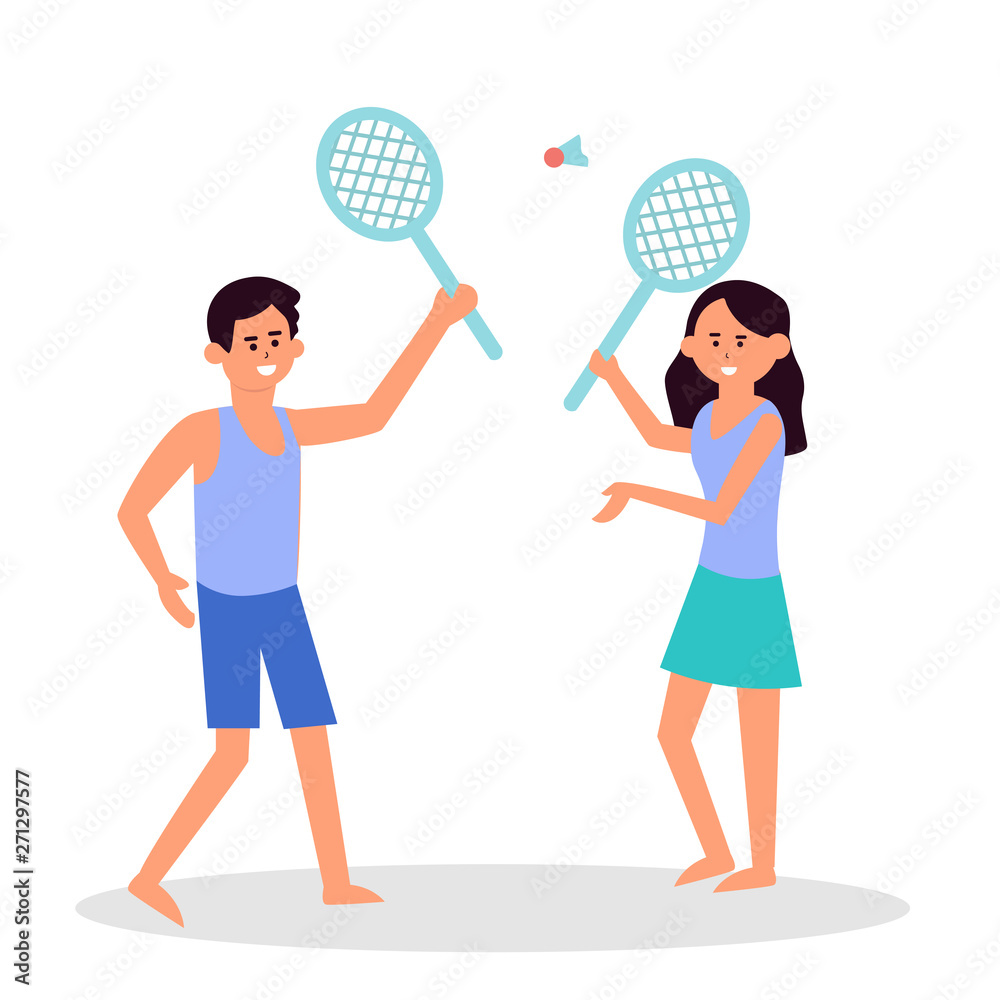 Couple playing badminton flat vector illustration. Husband and wife with tennis racquets cartoon characters. Cheerful people on sand beach. Friendly competition on sea shore. Active summer leisure 