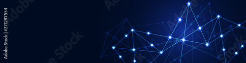 Website header or banner design with abstract geometric background and connecting dots and lines. Global network connection. Digital technology with plexus background and space for your text.