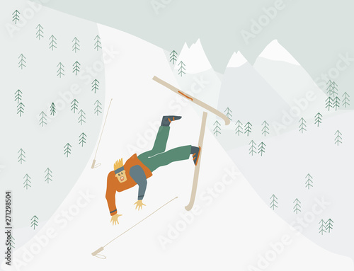 Man is learning to ski Boy falls from mountain Human figure in motion