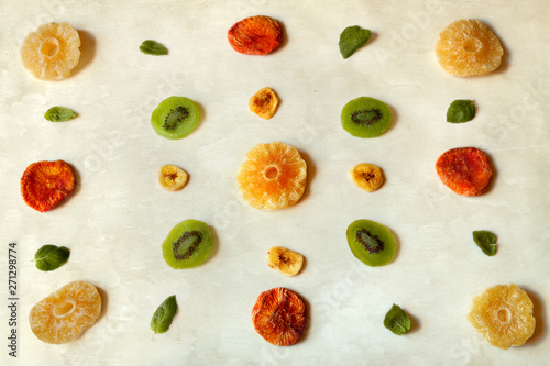 Flat lay mixed dried fruit pattern isolated on the beeswax wraps paper.