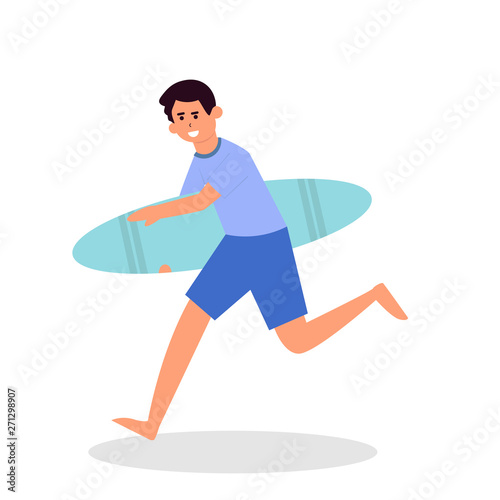Cool vector surfer character in surf trunks with surfboard standing and riding on ocean wave. Recreational beach water sport flat design character on surfing. Man on surfing vacation. Surf travel 