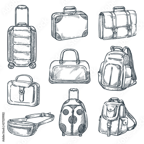 Luggage suitcase, handbags icons set, isolated. Vector sketch illustration. Travel baggage design elements.