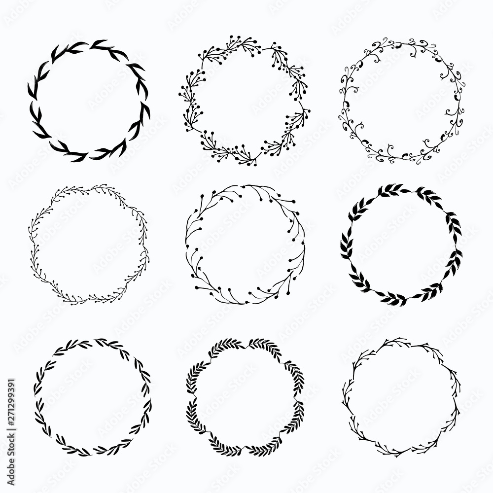 Vector wreath with black leaves isolated on a white background.Nature abstract plants