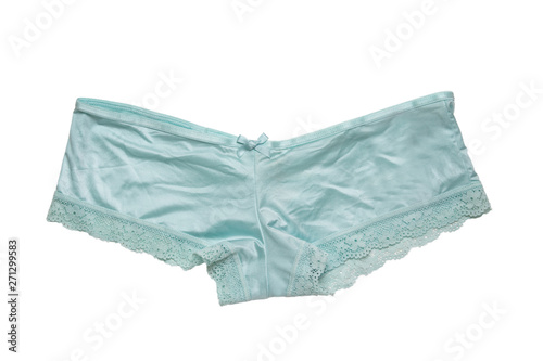 Underwear woman isolated. Close-up of luxurious elegant turquoise or light blue lacy panties isolated on a white background. Underwear fashion.