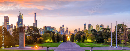 Melbourne city skyline at twilight in Australia