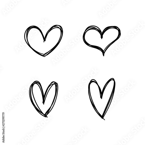 Hand drawn heart icons set, love symbol. Sketched doodles hearts collection.