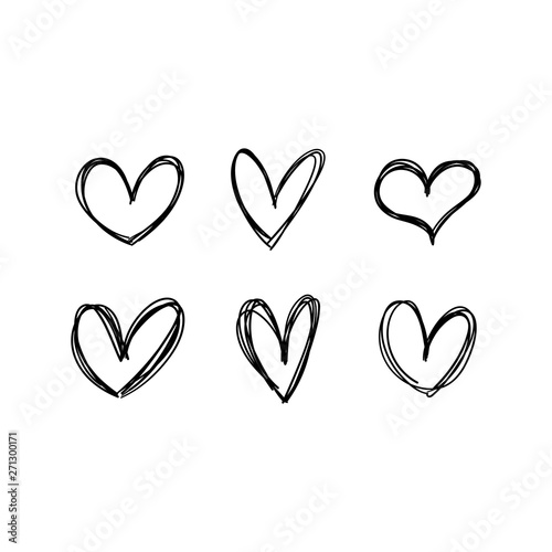 Hand drawn heart icons set, love symbol. Sketched doodles hearts collection.
