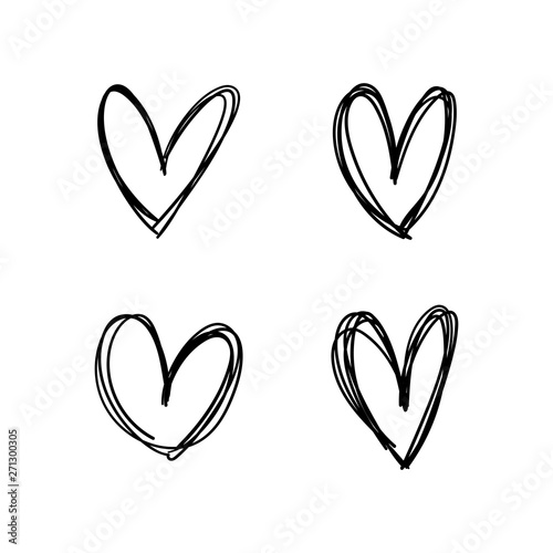 Hand drawn heart icons set, love symbol. Sketched doodles hearts collection.