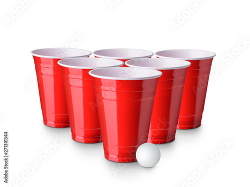 Photography Red Beer Pong plastic cups with ball isolated on white background