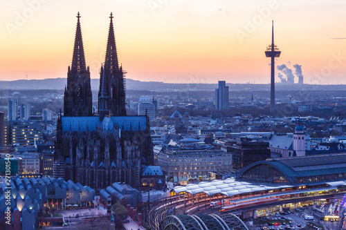 Cologne Cathedral church Germany main station twilight skyline city town