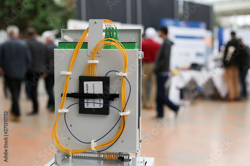 Fiber to the home equipment. FTTH internet fiber optics cables and cabinet, splitter