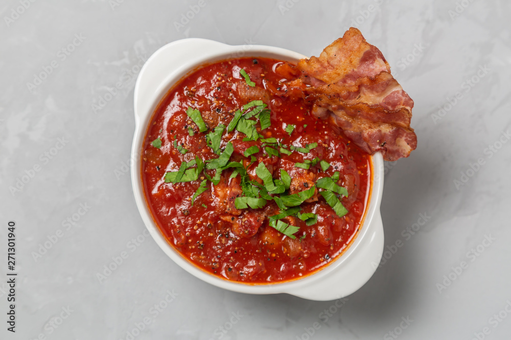 Tomato soup with bacon. The view from the top. Copy-space. Tomato soup with bacon. The view from the top. Copy-space.
