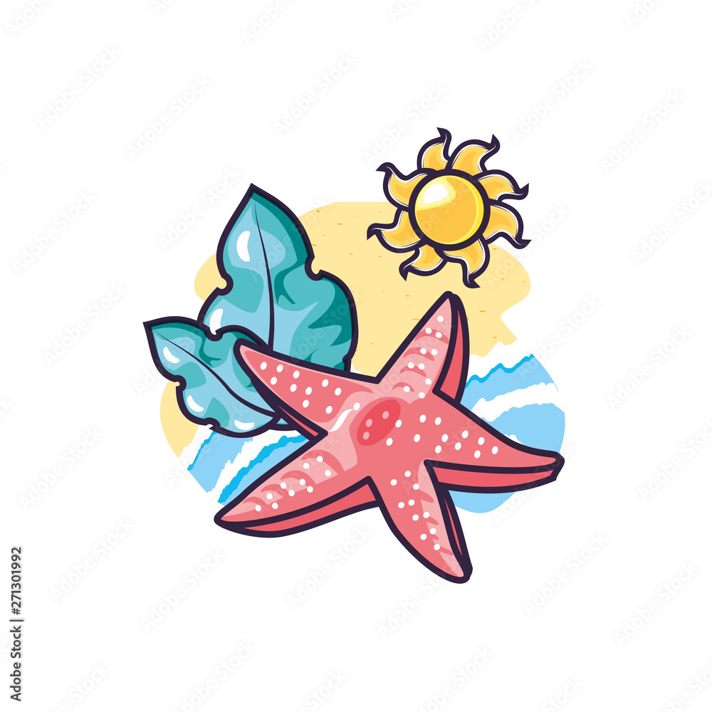 cute starfish animal with leafs and sun cute starfish animal with leafs and sun