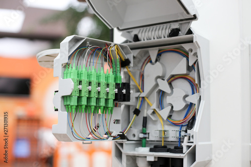 Fiber to the home equipment. FTTH internet fiber optics cables and cabinet, splitter