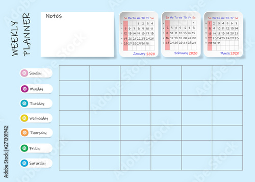 Calendar for first quarter of 2020 year with weekly planner chart and blank label for notes and main tasks. Week start Sunday.
