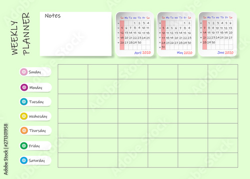 Calendar for second quarter of 2020 year with weekly planner chart and blank label for notes and main tasks. Week start Sunday.