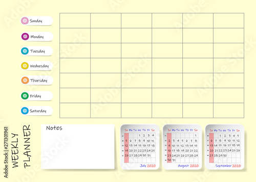 Calendar for third quarter of 2020 year with weekly planner chart and blank label for notes and main tasks. Week start Sunday.