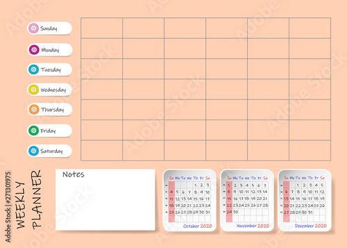 Calendar for fourth quarter of 2020 year with weekly planner chart and blank label for notes and main tasks. Week start Sunday.