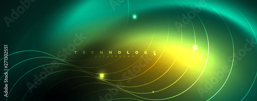 Shiny neon lines template - northern lights glowing blur lines. Futuristic style glow neon 80s disco club or night party techno template