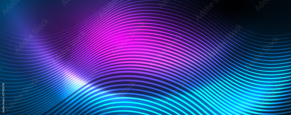 Trendy neon blue abstract design with waves and circles. Neon light glowing effect. Abstract digital background.
