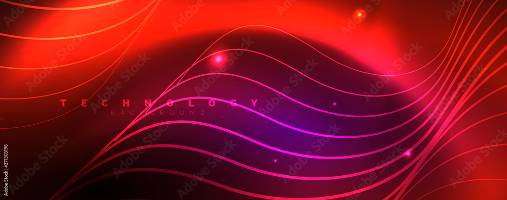 Shiny neon lights, dark abstract background with blurred magic neon light curved lines