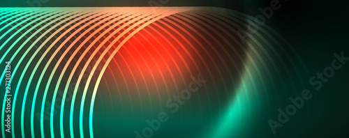 Shiny neon lines template - northern lights glowing blur lines. Futuristic style glow neon 80s disco club or night party techno template