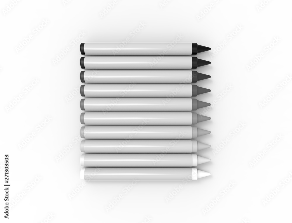 3D rendering of multiple crayons isolated on white background. 3D rendering of multiple crayons isolated on white background.