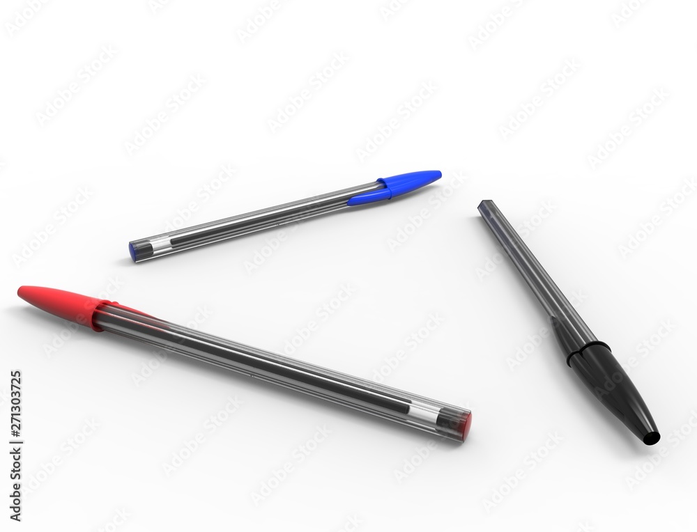 3D rendering of ballpoint pens isolated on white background.