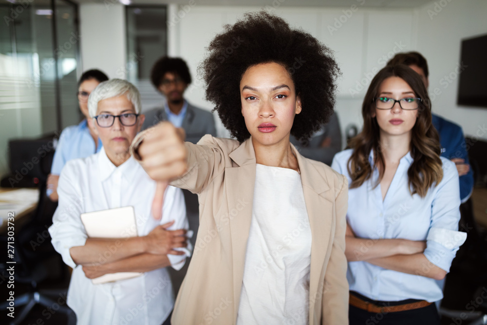 Group of unsuccessful business people and badly managed company leads to unhappiness Group of unsuccessful business people and badly managed company leads to unhappiness