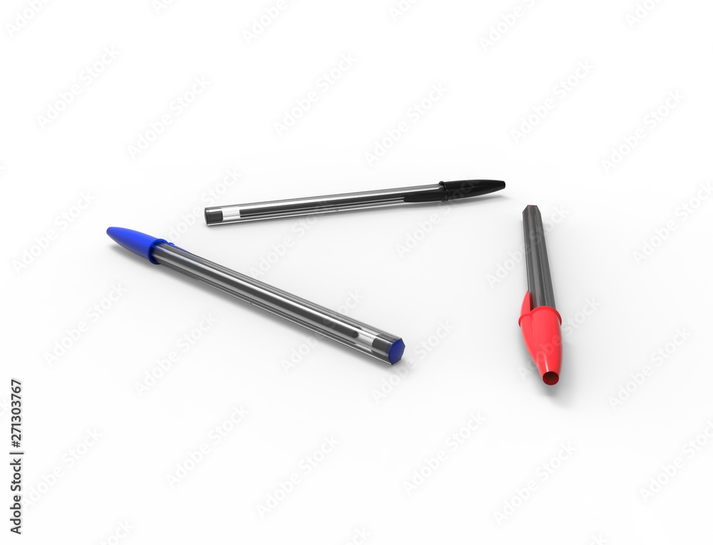3D rendering of ballpoint pens isolated on white background. 3D rendering of ballpoint pens isolated on white background.