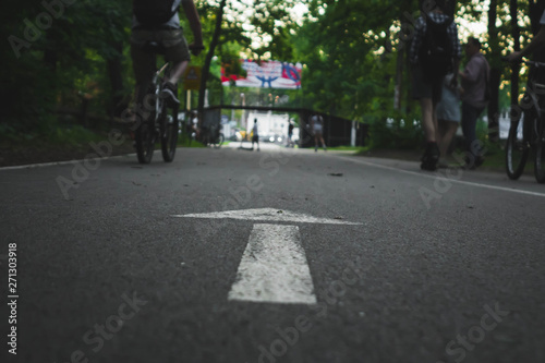 white arrow marked on the asphalt in the park, symbolizes the direction of movement © Влад Астанин