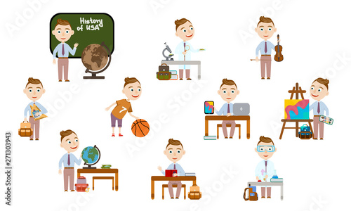 A boy with a fashionable haircut at school. Student in different lessons: science, history, sports, art, maths, English, information technology. Conducting experiments. Cute Vector Illustration