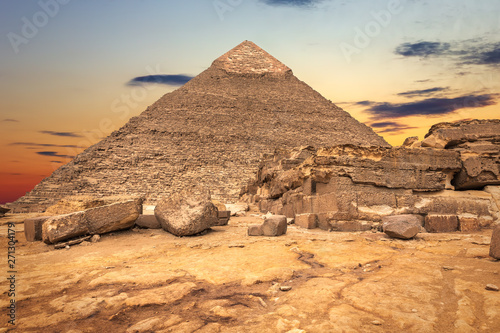 The Temple ruins and the Pyramid of Khafre, Giza, Egypt
