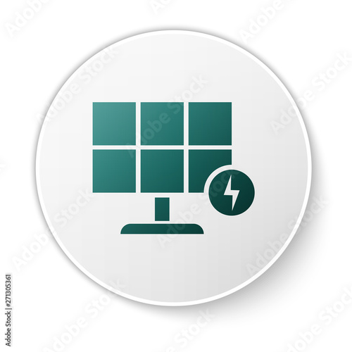 Green Solar energy panel icon isolated on white background. White circle button. Vector Illustration