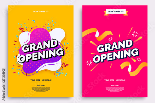 Grand opening invitationt template. Colorful creativity design with bold text, bright background and a burst of confetti. Ribbon cutting ceremony. Vector illustration. photo