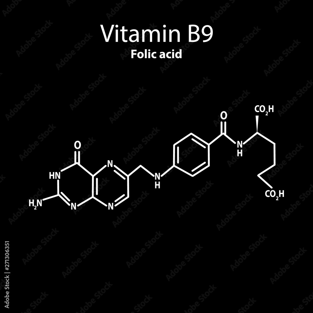 Vitamin B9. Folic acid Molecular chemical formula. Infographics. Vector illustration on black background.