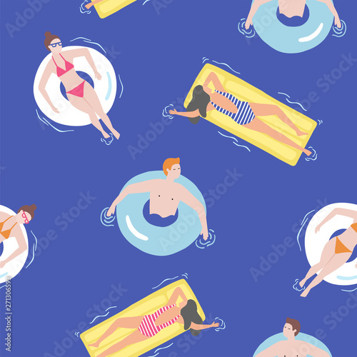 Summer time sea pattern. People swimming, sunbathing in the ocean. Blue background