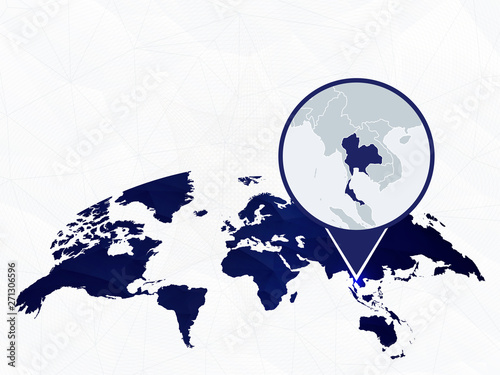 Thailand detailed map highlighted on blue rounded World Map.