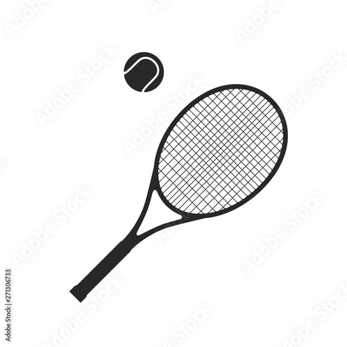 Tennis racquet with ball. Black silhouettes of tennis sport equipment.