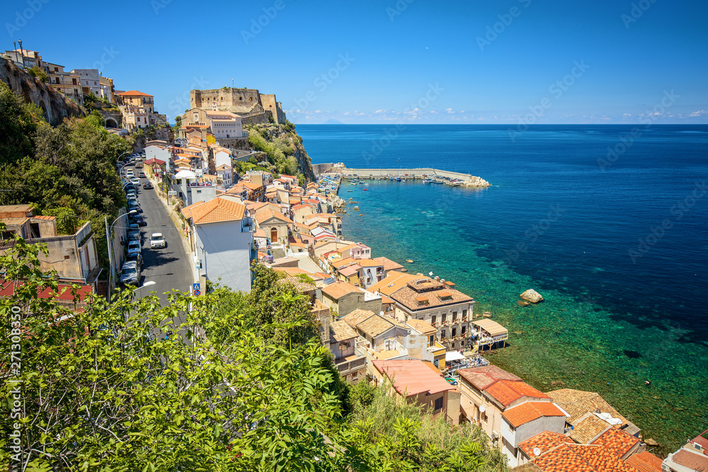Coastline and old castle of medieval town of Scilla in Calabria, Italy. Famous Italian summer holiday destination