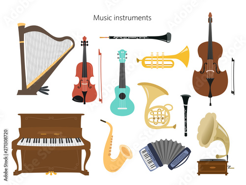 Set of musical instruments on the white background.