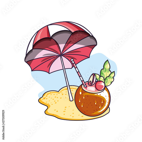 summer cocktail of coconut with beach umbrella