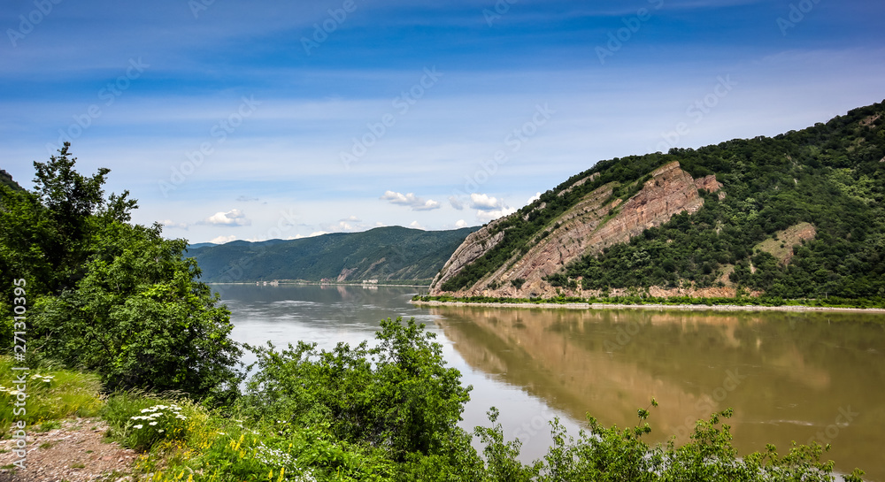 Danube river gorge in national park Djerdap in Serbia, Serbian and Romanian border Danube river gorge in national park Djerdap in Serbia, Serbian and Romanian border