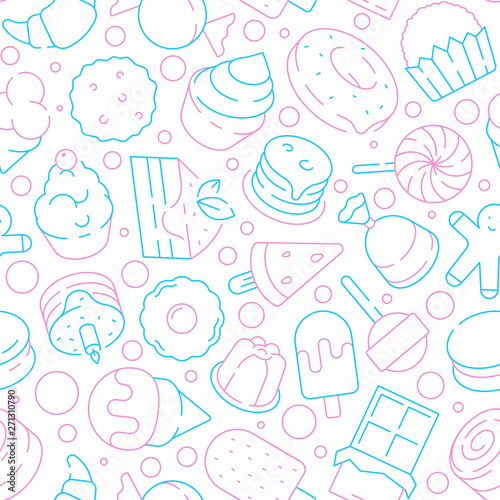 Desserts pattern. Kids delicious food sweet cakes biscuits jelly ice cream lollipop cupcakes vector seamless background. Illustration of dessert food cake and lollipop, sweet candy and cupcake