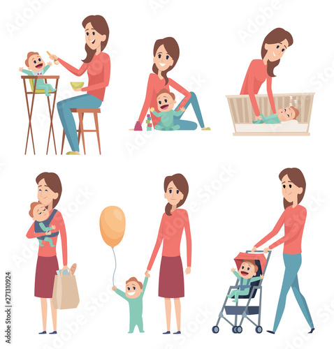 Mother and baby. Love happy family parents playing with newborn kids girls and boys vector cartoon characters. Mother with boy play and walk illustration