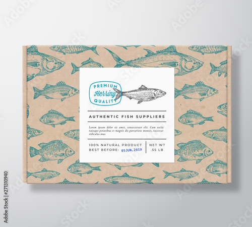 Fish Pattern Realistic Cardboard Box with Banner. Abstract Vector Packaging Design or Label. Modern Typography, Hand Drawn Herring Silhouette. Craft Paper Background Layout.