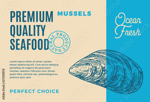 Premium Quality Seafood. Abstract Vector Packaging Design or Label. Modern Typography and Hand Drawn Mussel Shell Mollusc Silhouette Background Layout