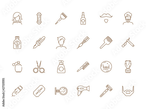 Barbershop icon. Man shaving and grooming tools beauty haircut salon hair trim vector thin line symbols. Haircut and grooming, razor and other accessories illustration